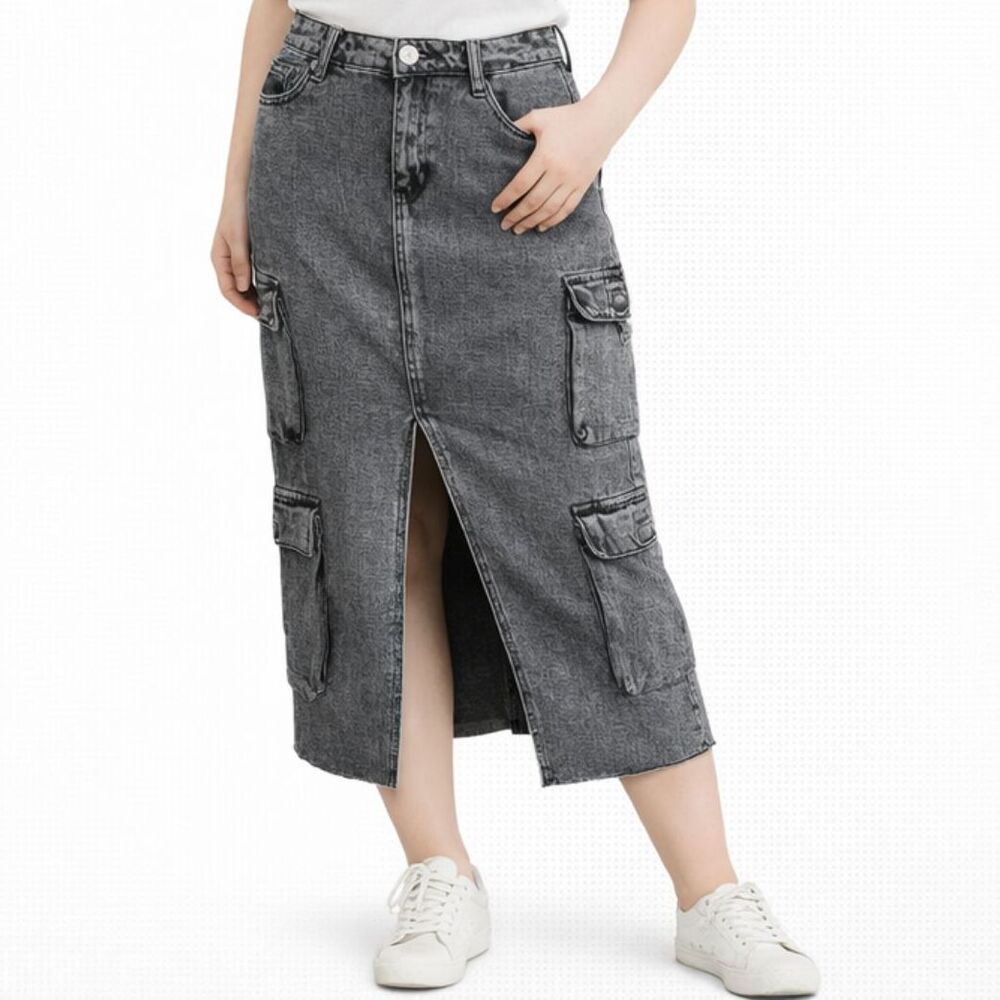 True Religion Vintage Cargo Stonewash Midi Skirt Utility Charcoal 26